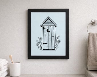Framed Outhouse Wall Art Print | Rustic Farmhouse Bathroom Decor | Blue Bathroom Wall Art | Cottage Bathroom Illustration