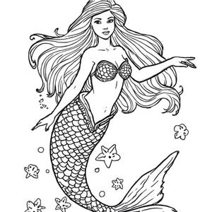 May include: A black and white line art illustration of a mermaid with long flowing hair, wearing a seashell top and a scaled tail. The mermaid is surrounded by several small starfish and bubbles, presented in a clear, bold outline style.