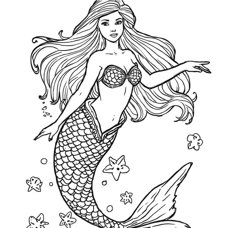 May include: A black and white line art illustration of a mermaid with long flowing hair, wearing a seashell top and a scaled tail. The mermaid is surrounded by several small starfish and bubbles, presented in a clear, bold outline style.