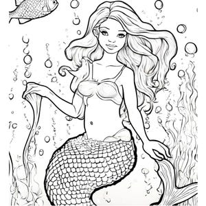 May include: A black and white line art colouring page featuring a mermaid with long flowing hair, a scale-patterned tail, and a bikini top. The scene includes a fish in the upper corner, numerous floating bubbles, and seaweed plants in the background.