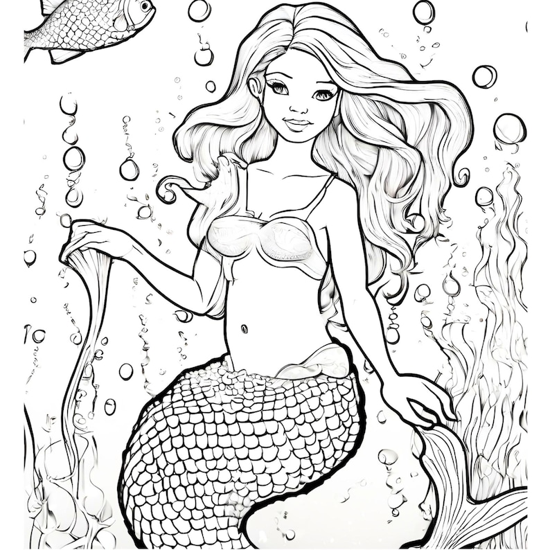 May include: A black and white line art colouring page featuring a mermaid with long flowing hair, a scale-patterned tail, and a bikini top. The scene includes a fish in the upper corner, numerous floating bubbles, and seaweed plants in the background.