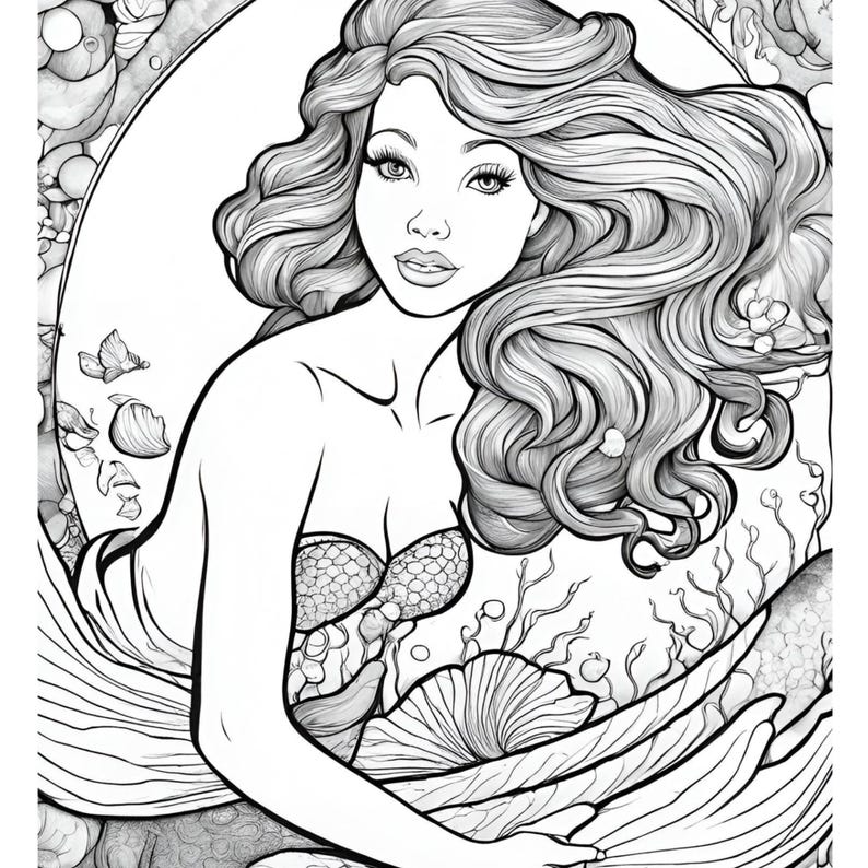 Mermaid Coloring Book for Adults & Teens, 26 Printable Pages, Beautiful Underwater Mermaids, Instant Download PDF, Relaxation Gift image 2