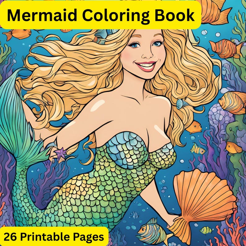 May include: A Mermaid Colouring Book with 26 Printable Pages. The cover features a blonde mermaid with a green and blue scale tail, holding an orange seashell. The background shows an underwater scene with orange fish, purple coral, and blue water.