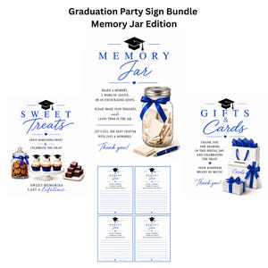 Peut inclure: Un ensemble de panneaux pour fête de remise de diplômes, édition bocal à souvenirs. Comprend des panneaux pour friandises, bocal à souvenirs, et cadeaux et cartes. Textes bleus, icônes de toque, images de bocal, cupcakes et boîtes cadeaux.