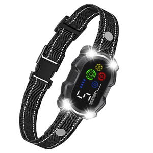 May include: A black nylon collar with reflective stitching and a plastic buckle. The central electronic device features a digital display showing the number 5, the word SENSITIVITY, and four circular icons in green, yellow, red, and blue colors.