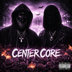 May include: Two figures in black hooded jackets and face masks stand before a purple-toned background with bats and trees. The text CENTER CORE appears in white above a field of dark roses. A Parental Advisory Explicit Content label is visible.