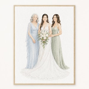 May include: A watercolour portrait of three individuals standing together. The centre figure wears a white lace wedding gown and holds a bouquet of white flowers. The figure on the left wears a light blue gown, and the figure on the right wears a sage green gown.
