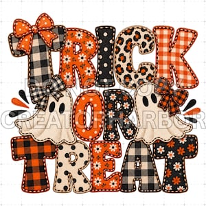 May include: A graphic design featuring the text TRICK OR TREAT in block letters with various patterns including orange flowers, black polka dots, leopard print, and buffalo plaid. Two white ghosts with bows are integrated into the design.