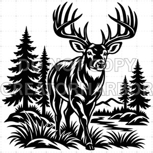 Puede incluir: Una ilustración gráfica en blanco y negro de un ciervo con grandes astas de pie en un paisaje forestal. La escena incluye pinos, terreno con hierba y un pequeño arroyo. El texto DO NOT COPY y CREATORHARBOR está superpuesto en la imagen.