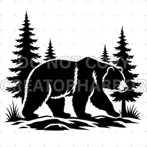 May include: A black silhouette graphic of a bear walking through a forest. The design features a large bear in the foreground with four pine trees of varying heights behind it. The ground is depicted with stylized grass and uneven terrain.