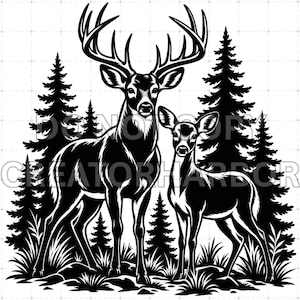 May include: A black and white graphic illustration featuring a large buck with prominent antlers standing beside a smaller deer. The animals are positioned in front of a dense forest of pine trees. The text DO NOT COPY CREATORHARBOR is visible.