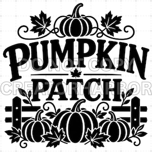 Może przedstawiać: Czarny projekt graficzny z napisem PUMPKIN PATCH pogrubionymi wielkimi literami. Projekt zawiera ilustracje trzech dyń, liści klonu i fragmentu drewnianego płotu, ułożone w symetryczną kompozycję na białym tle.