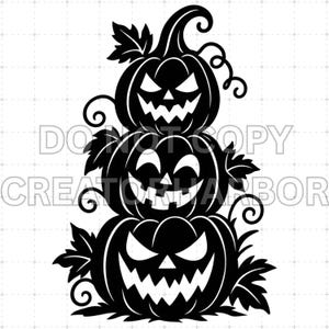 May include: A black and white graphic illustration featuring a vertical stack of three carved pumpkins with jagged, triangular eyes and toothy grins. The design includes swirling vines and leaves, with the text DO NOT COPY CREATORHARBOR overlaid.