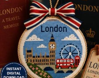London Travel Ornament Needlepoint Chart | Big Ben & London Eye Pattern PDF | England Souvenir Needlepoint Design