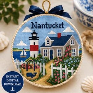 Nantucket Needlepoint Stitch Chart PDF | Coastal Ornament Pattern | Lighthouse Needlepoint | New England Travel Ornament | Digital Download