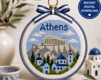 Patrón de punto de aguja de Atenas en PDF / Adorno de viaje a Grecia / Patrón de punto de aguja de la Acrópolis / Pinta tu propio lienzo de punto de aguja