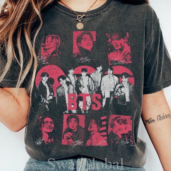Retro BTS Shirt, Bangtan Boys Group Collage Tee, Jungkook Jimin V Suga RM Jin Jhope Retro Kpop Merch Arirang World Tour 2026 Fan Apparel
