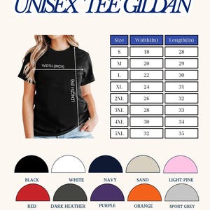 Pode incluir: Uma t-shirt preta de manga curta com uma tabela de tamanhos que mostra larguras e comprimentos em polegadas de S a 5XL. Abaixo da tabela est&atilde;o dez amostras de cores: preto, branco, azul-marinho, areia, rosa claro, vermelho, cinza escuro, roxo, laranja e cinza desportivo.