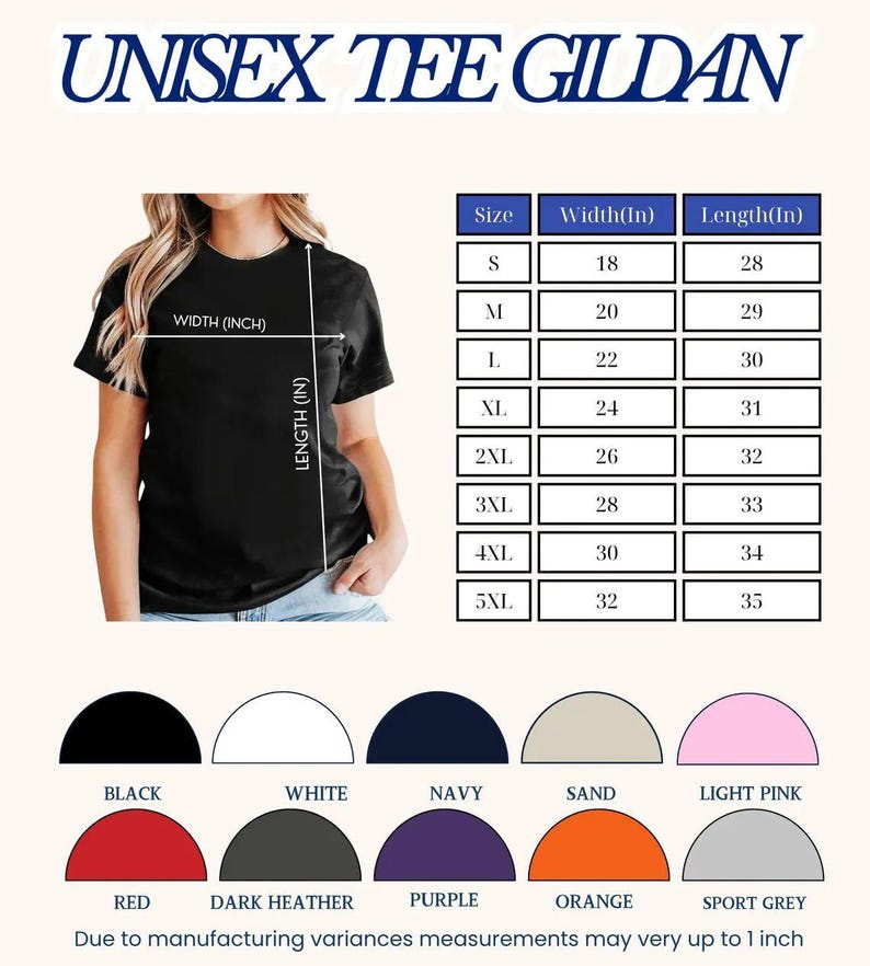 Pode incluir: Uma t-shirt preta de manga curta com uma tabela de tamanhos que mostra larguras e comprimentos em polegadas de S a 5XL. Abaixo da tabela est&atilde;o dez amostras de cores: preto, branco, azul-marinho, areia, rosa claro, vermelho, cinza escuro, roxo, laranja e cinza desportivo.
