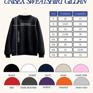 Pode incluir: Uma camisola preta de gola redonda num cabide com uma tabela de tamanhos que mostra a largura e o comprimento em polegadas para os tamanhos S a 5XL. Abaixo est&atilde;o dez amostras de cores: preto, branco, azul-marinho, areia, rosa claro, vermelho, cinzento escuro, roxo, laranja e cinzento desportivo.