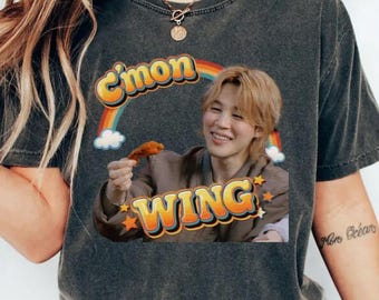 Camiseta Jimin Cmon Wing, Camiseta com estampa divertida de meme Kpop, Roupas personalizadas retrô Comfort Colors Pepper, Presente para fãs do álbum Wings do BTS (Bangtan Boys)