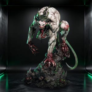 May include: A detailed figurine of a monstrous creature with pale, muscular skin, sharp teeth, and a long red tongue. The figure features dark green hair, clawed hands stained with red, and a long tail, posed atop a dark, rocky base with skulls.