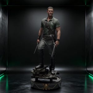 May include: A standing male figurine wearing a dark green short-sleeved shirt, dark trousers, and boots. The figure holds two thin, metallic blades in each hand, features a shoulder strap with a sword, and stands on a wooden platform base.