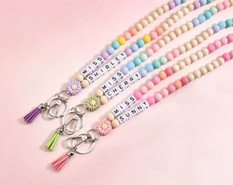 Rainbow Teacher Lanyard - Personalized Lanyard for Keys or ID Badge - Beaded Lanyard - Daisy Lanyard with Name - Cute Teacher Gifts