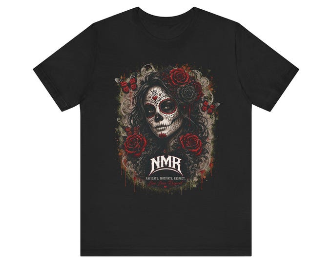 Sugar Skull Woman Shirt | Gothic Rose & Butterfly Graphic Tee | Day of the Dead Inspired Tattoo Art | NMR x LLR Shirt