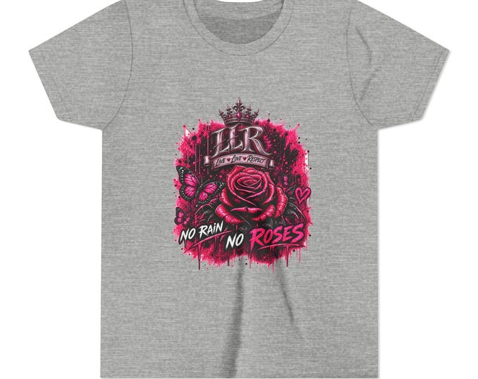 No Rain, No Roses | Youth Graphic Tee | Pink Rose & Butterfly Streetwear | Girls Resilience Shirt | LLR Apparel