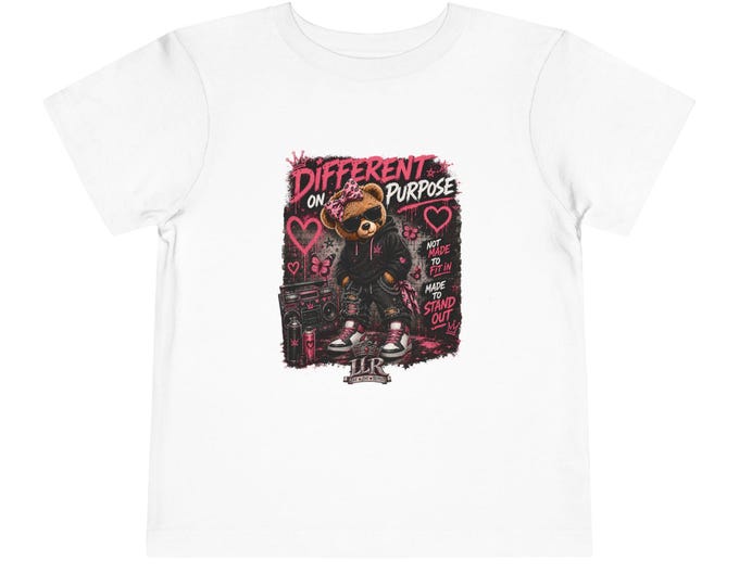 Different on Purpose | Youth Graphic Tee | Pink Teddy Bear Streetwear | Girls Confidence Shirt | LLR Apparel