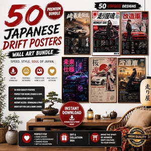 May include: A digital bundle of 50 Japanese drift posters featuring various car illustrations, anime-style characters, and Japanese text. The collection includes high-resolution wall art designs with automotive themes, cherry blossoms, and neon city aesthetics.