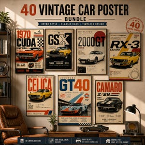 40 Vintage American Muscle Car Poster Bundle, Retro Garage Wall Art, Printable Automotive Prints, Instant Download