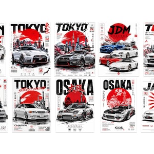 Puede incluir: Una colección de diez pósteres con coches deportivos japoneses, incluyendo modelos como el Honda Civic Type R, Nissan GT-R y Toyota Chaser. Cada póster muestra un gráfico de sol rojo, horizontes urbanos y texto como Tokyo, Osaka y JDM Legends.