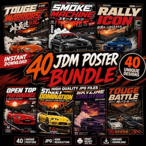 May include: A digital collection of 40 JDM poster designs featuring various sports cars like the Lexus, Subaru Impreza, and Honda S2000 in sunset racing environments. The graphics include bold text such as Touge Warriors, Smoke Machine, and Rally Icon.