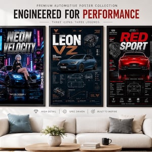Könnte beinhalten: Drei gerahmte Automobilposter mit dem Titel Engineered for Performance. Das linke Poster zeigt ein blaues Auto und eine Figur mit dem Text Neon Velocity. Das mittlere Poster zeigt einen blauen Cupra Leon VZ. Das rechte Poster zeigt einen roten Infiniti Red Sport.