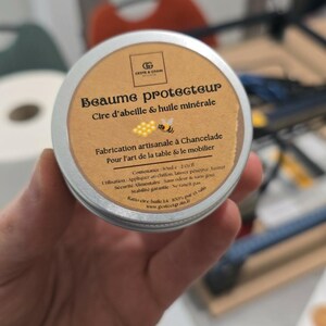Baume protecteur pour bois alimentaire, Cire d'abeille et huile minérale, Entretien planche à découper, Soin artisanat Geste & Grain, 50ml