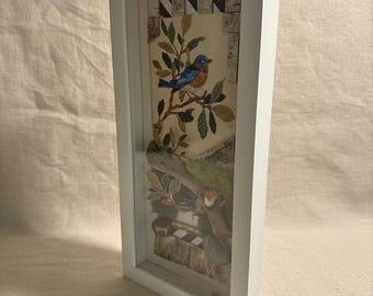 Bluebird on a Branch — Mixed-Media Shadow Box with Driftwood & Moss