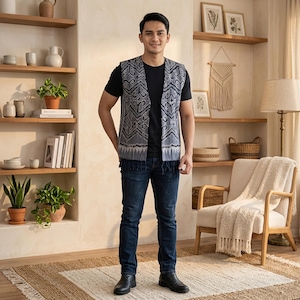 Könnte beinhalten: Eine ärmellose Weste mit grau-schwarzem Ikat-Muster und Fransen am Saum, getragen über einem schlichten schwarzen T-Shirt und einer dunkelblauen Jeans, kombiniert mit schwarzen Lederstiefeln.