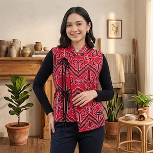 May include: A sleeveless red vest featuring a dark maroon ikat pattern, a mandarin collar, and black cord ties on the front. The vest is worn over a long-sleeved black shirt and dark trousers, creating a layered look with a distinct textile design.