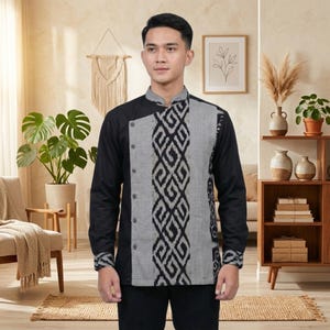 Mens Toyobo Cotton Tenun Combination Shirt, Handwoven Indonesian Ethnic Patchwork Button Down, Long Sleeve Formal Shirt, Unique Gift for Him