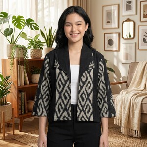 Womens Tenun Ikat Ethnic Outer Blazer, Handwoven Indonesian Open Front Jacket, Bohemian Formal Workwear Cardigan, Unique Gift for Her