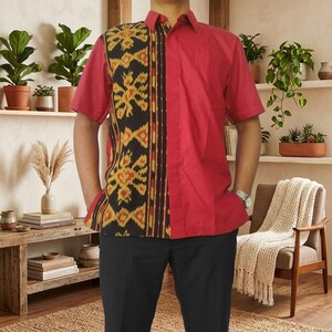 Herr Tenun kombinationsskjorta, handvävd indonesisk etnisk lapptäcke, långärmad modern bohemskjorta, unik present till honom