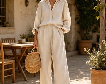 Women's Cotton Linen Two Piece Set, Oversized Button Down Shirt & High Waist Wide Leg Pants Casual Vacation Loungewear