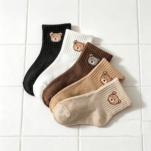 Set of 5 Baby Bear Crew Socks, Soft Neutral Cartoon Toddler Ankle Socks, Cozy Unisex Baby Shower Gift