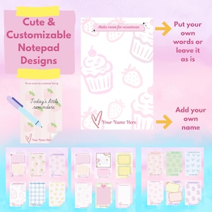 Könnte beinhalten: Eine Sammlung anpassbarer Notizblöcke mit verschiedenen Pastellmotiven wie Erdbeeren, Cupcakes, Herzen und Blumen. Die Notizblattseiten zeigen Texte wie Make room for sweetness, Be as sweet as a summer berry und Today's little reminders.