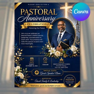 Könnte beinhalten: Ein blau-goldener Flyer für eine pastorale Jubiläumsfeier. Er zeigt das Porträt einer Person im Anzug, ein Kreuz und florale Akzente. Der Text umfasst: Pastoral Anniversary Celebration, Honoring Our Pastor, Sonntag, 18. Oktober 2026.