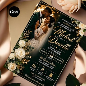 Könnte beinhalten: Eine Hochzeitseinladungskarte mit dunkelgrünem Hintergrund, goldenem Text und floralen Akzenten. Sie zeigt ein Foto eines Paares, die Namen Michael und Danielle, das Datum 28. Juni 2026 sowie Veranstaltungsdetails für The Grand Palace in Atlanta.