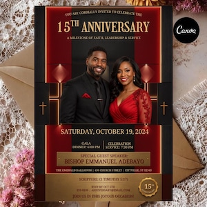 Puede incluir: Un folleto de invitación para un 15º aniversario con un hombre en traje negro y una mujer en vestido rojo. El texto dice 15th Anniversary, A Milestone of Faith, Leadership & Service, Saturday, October 19, 2024, y Bishop Emmanuel Adebayo.