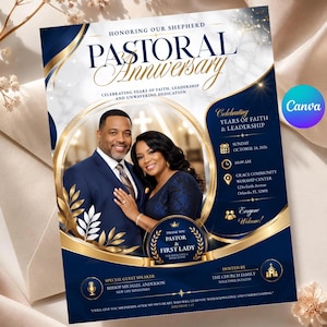 Könnte beinhalten: Ein Flyer für ein pastorales Jubiläum mit einem Foto eines Paares in formeller Kleidung. Der Text lautet Honoring Our Shepherd Pastoral Anniversary, Celebrating Years of Faith, Leadership and Unwavering Dedication, Sunday October 18, 2026.